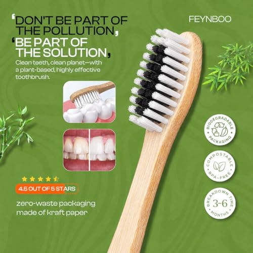 Bamboo Toothbrushes Soft Bristles 6 Pack - BPA Free Bristles Toothbrushes Teens and Adults - Eco-Friendly, Natural Wooden Toothbrush (Light Brown, Black, White). - Image 6