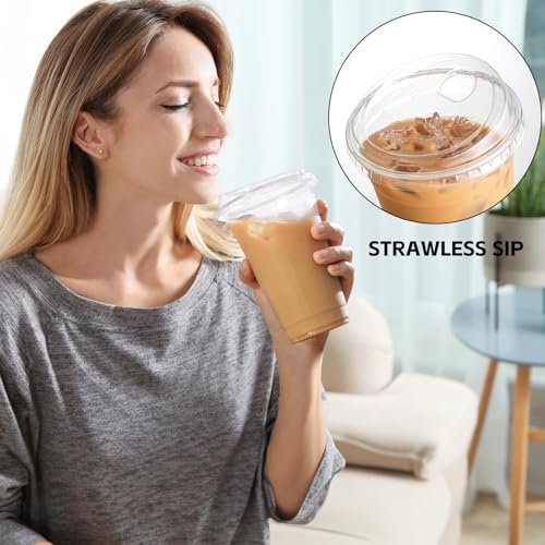 AOZITA 100 Pack 16 oz Plastic Cups With Strawless Sip-Lids, Iced Coffee Cups With Lids BPA Free, Disposable Clear Cups, To Go Cups for Smoothies, Party Drinks, Bubble Tea, Cold Beverage - Image 6