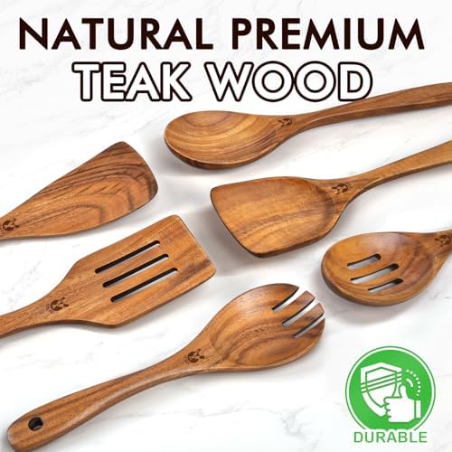 Wooden Spoons for Cooking, 6 Pcs Natural Teak Wooden Kitchen Utensils Set, Cooking Utensils Set with Long & Comfort Grip, Wooden Spoons Spatula Set Perfect for Non-Stick Cookware - Image 2
