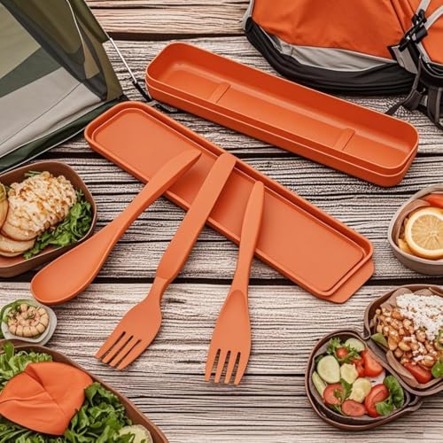 Wheat Straw Portable Plastic Knife Fork Spoons Tableware (Orange,Orange) - Image 5
