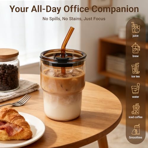 Luxfuel 16oz Glass Tumbler with Lid & Straw, 4 Pack Iced Coffee Cups - Image 2