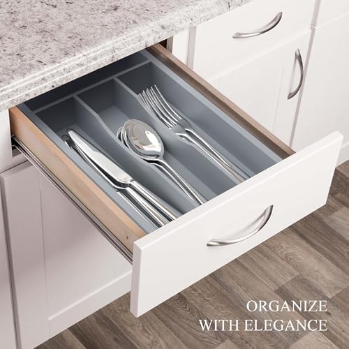 Silverware Organizer, Bamboo Kitchen Drawer Organizer, Utensil Holder, Cutlery Tray & Spoon Flatware Storage with Grooved Drawer Dividers (Grey, 6.7''W x 12''D) - Image 5