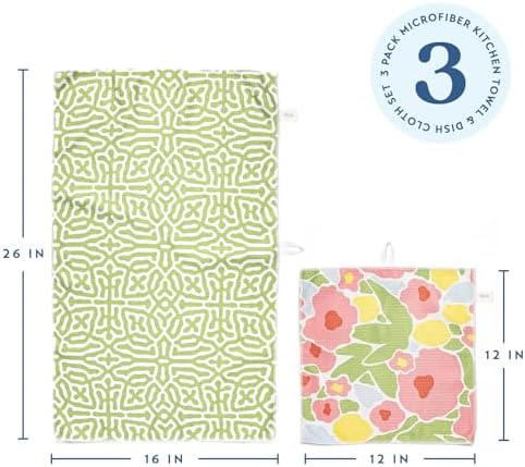 ELYN Microfiber Kitchen Dish Towel & Dish Cloth Set, Quick-Dry & Absorbent Waffle Weave Cleaning Cloths, Set of One Kitchen Towel & Two Washcloths, Paper Towels Alternative (Bold Floral & Geo) - Image 2