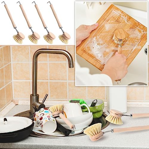 Maxdot 4 Pcs Kitchen Dish Brush with Beechwood Handle Natural Wooden Handle Scrub Brush Fiber Bristles Dish Scrub 2 Inch Replacement Brush Head for Pots Pans Utensils Washing Supplies - Image 4