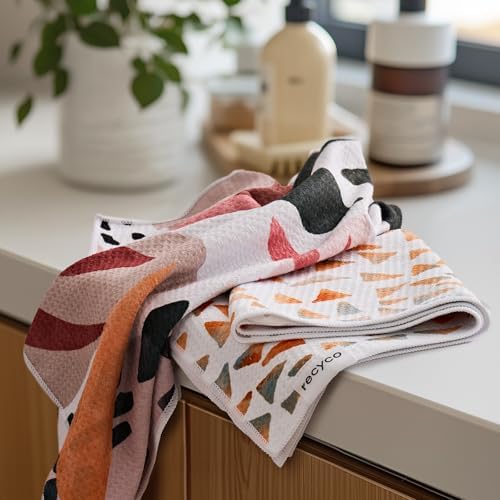 RECYCO Waffle Kitchen Towel Set of 2 - Quick Dry Microfiber Sustainable Dish Towels - Ultra Absorbent Reusable Cleaning Tea Towels - Lightweight Hand Towels,16”x 28”, Boho Oasis by RECYCOHOMECOLLECTION