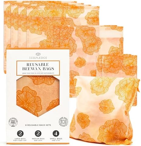 Reusable Beeswax Food Storage Bags – 8 Pack (2 Large, 2 Medium, 4 Small) | Natural Alternative to Plastic | Organic Cotton, Beeswax, Jojoba Oil by EcoPledge