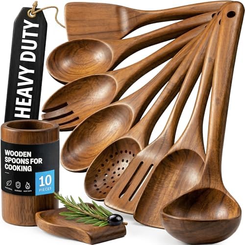 Zulay Kitchen 10-Piece Wooden Spoons for Cooking - Smooth Finish Teak Wooden Utensils for Cooking - Soft Comfort-Grip Wood Spoons for Cooking - Non-Stick Wooden Cooking Utensils - Wooden Spoon Sets by ZulayKitchen