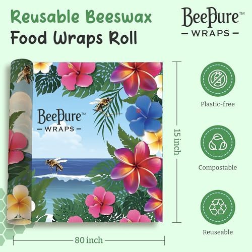 Reusable Beeswax Food Wrap Roll - Cut-to-Size 15 x 80 in, Eco-Friendly Food Storage Wrap, Tropical Hibiscus Bees in Paradise Design - Image 3