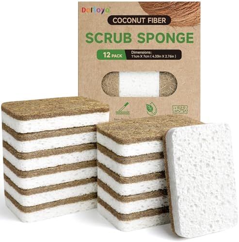 Natural Kitchen Sponges-12 Pack, Cellulose & Coconut Scrubber Dish Sponges by Derloyo