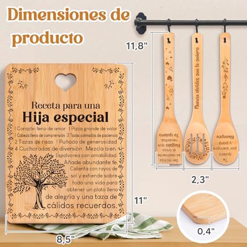 Regalos de cumpleaños para Hija - "Receta para una Hija especial". Juego de tablas de cortar y utensilios de bambú grabados. Regalos de cumpleaños para Hija. Spanish Daughter Cutting Board - Image 5