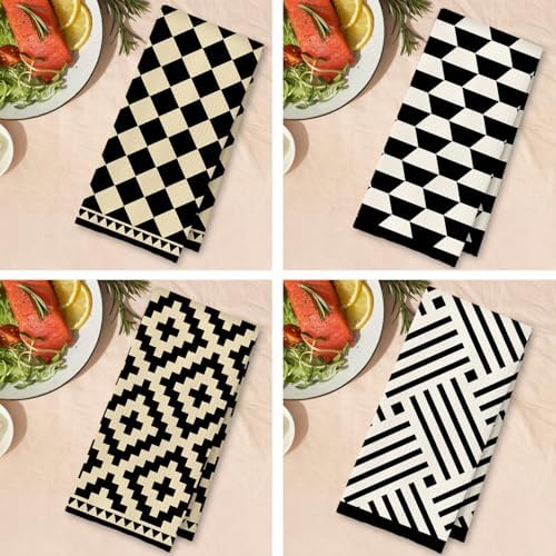 Beige Black and White Abstract Kitchen Towels, Neutral Dish Tea Towels for Kitchen Decor, Black and Cream Retro Mid Century Modern Decorative Hand Towel for Bathroom, 16x24 Inches Set of 4 - Image 4