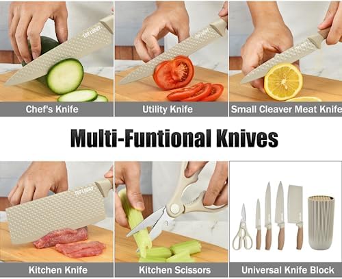 Knife Set, Wiztoynia 6-Piece Khaki Kitchen Knife Set for Home, Anti-Rust Non-stick Stainless Steel Sharp Chef Knife Sets with Universal Knife Block for Kitchen, Ergonomical Design (Khaki) - Image 4