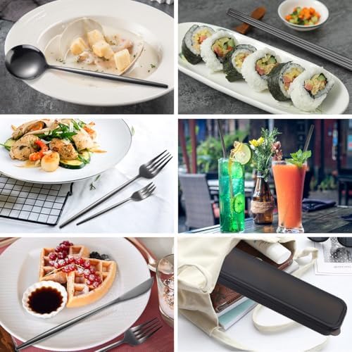 AARAINBOW 8 Pieces Stainless Steel Flatware Set Portable Reusable Cutlery Set Travel Utensils Set Including Chopsticks Knife Fork Spoon Straws Cleaning Brush Dishwasher Safe (Black) - Image 3