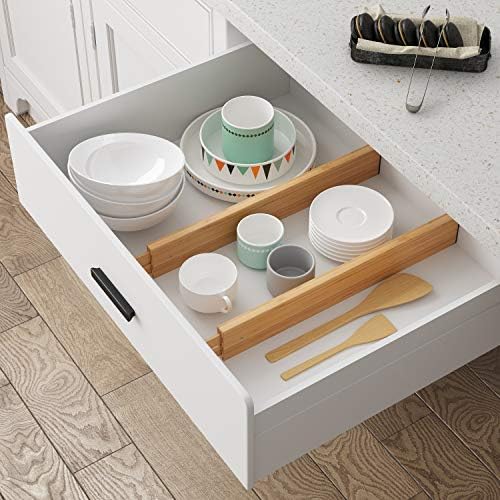 BAMEOS Bamboo Expandable Drawer Dividers – Fits 16.6"–22" Drawers, 2" High, Set of 4 | Spring-Loaded Bamboo Separator for Kitchen Island, Bathroom Vanity & Dresser Drawers - Image 3