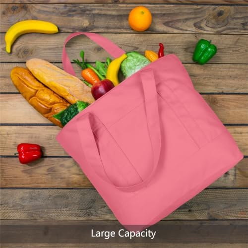 TOPDesign 1-Pack Canvas Tote Bag with an External Pocket, Reusable Grocery Shopping Bag, Top Zipper Closure, Daily Essentials (Rose Pink) - Image 3