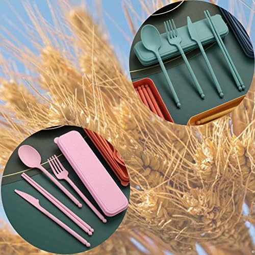 8 Colors Portable Utensils Sets with Case, Wheat Straw Cutlery Set, Reusable Travel Flatware Set, Spoon Fork Knife chopsticks Tableware Set for Outdoor Office Travel Picnic Camping - Image 3