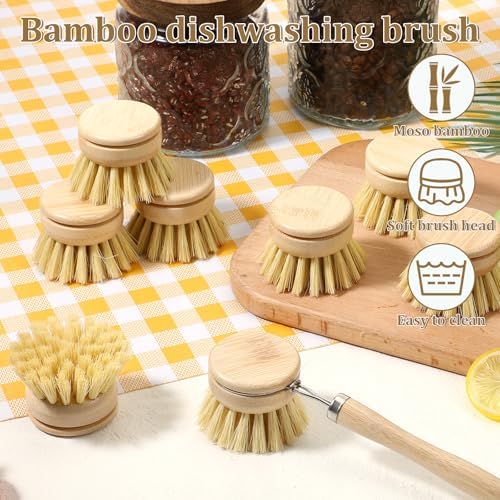8 Pcs Bamboo Dish Brush with Handle, Natural Sisal Bristle Scrubber Includes 7 Replacement Brush Heads Wooden Kitchen Dish Brushes for Pots, Pans, Bowls, Dishes Cleaning - Image 5