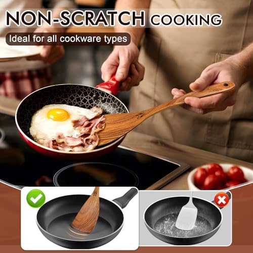 Wooden Spoons for Cooking, 6 Pcs Natural Teak Wooden Kitchen Utensils Set, Cooking Utensils Set with Long & Comfort Grip, Wooden Spoons Spatula Set Perfect for Non-Stick Cookware - Image 4