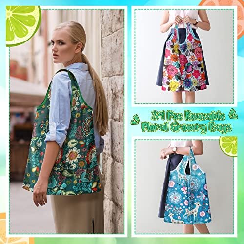 Shappy 34 Pcs Reusable Floral Grocery Bags Foldable Nylon Tote Bags Washable Shopping Bags Extra Large Cute Flower Reusable Bags with Attached Pouch for Women Grocery Shopping Supplies - Image 2