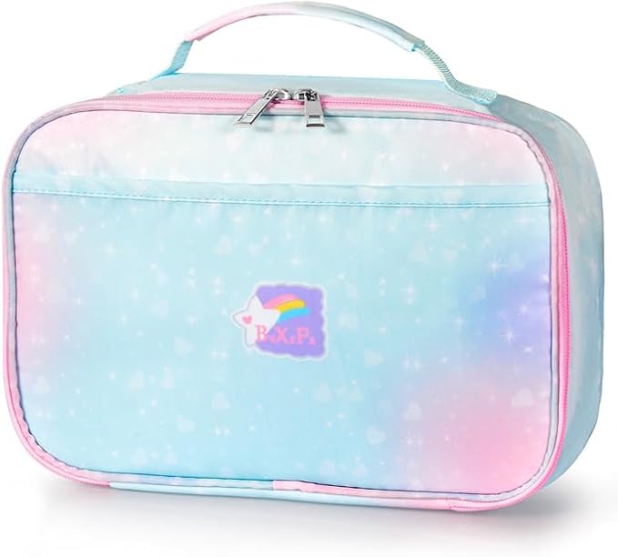 Lunch Box Kids, 11" L x 7" W x 3.5" H, Waterproof Reusable Insulated Lunch Bag for Girls, Cooler Bento Boxes Containers & Snacks for Elementary School Travel (Galaxy Blue)