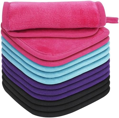 Makeup Remover Cloth 12 Pack, Ultra Soft and Reusable Microfiber Makeup Remover Towels for All Skin Types, Makeup Removal Face Cleansing Cloth, 6” X 6”, Multicolor by Vnoss