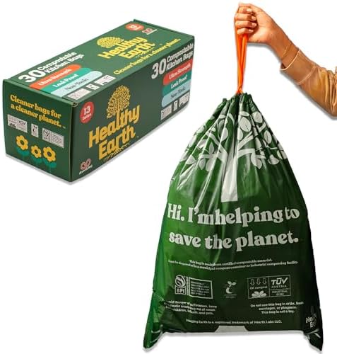 Healthy Earth 13 Gallon Compostable Drawstring Trash Bags, 1.13 Mil Extra Thick Tall Kitchen Liners (49.2 L), Heavy Duty Leak-Proof Food Scrap Bags, BPI & TÜV OK Compost Certified, 30 Count by HealthyEarthBags