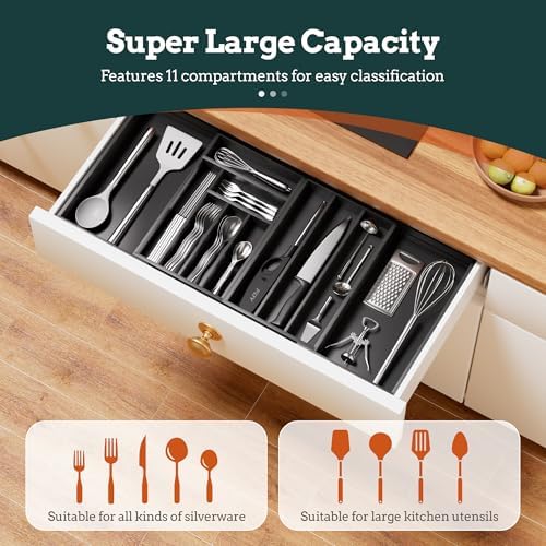 Bamboo Expandable Silverware Drawer Organizer 11 Slots Utensil Holder Black - Image 2