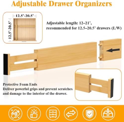 Bamboo Drawer Dividers, 12-21 Inch Kitchen Adjustable Drawer Organizers - Image 3