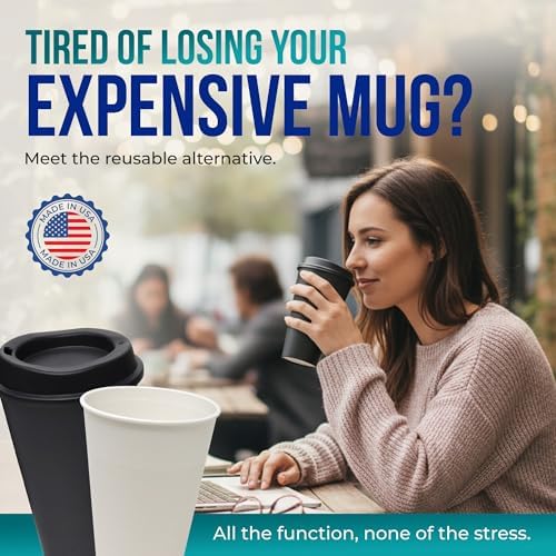 Rolling Sands USA Made 16 oz Reusable Coffee Cups with Lids 6 Pk, To Go Travel Cups, Hot or Cold Drinks, Dishwasher and Microwave Safe, White Cups, Black Lids - Image 3
