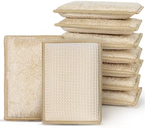 Bamboo Sponges for Dish Washing Reusable Dish Sponge Multi Use Kitchen Sponges Non-Scratch Microfiber Pad for Dishes Pots and Pans, Pack of 10 by PEACHICHA