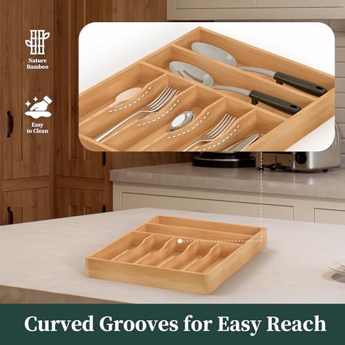 Silverware Organizer, Bamboo Kitchen Drawer Organizer, Utensil Holder, Cutlery Tray & Spoon Flatware Storage with Grooved Drawer Dividers (13''W x 17''D) - Image 4