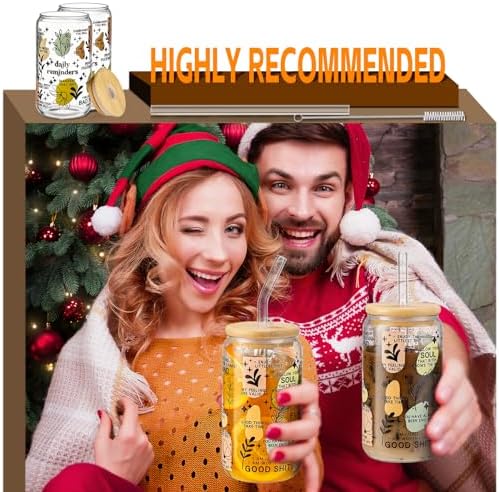 DWTS DANWEITESI Glass Cups with Lids and Straws with Design 4 pcs（Daily Reminder）,Clear Glass Cups 16 oz-Glass Tumbler,Cute Design Glass Iced Coffee Cups Mental Health Positive 480ml - Image 6