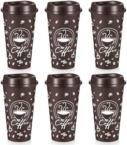 6 Sets Reusable Coffee Cups with Lids, 16oz, Brown by Skybooly