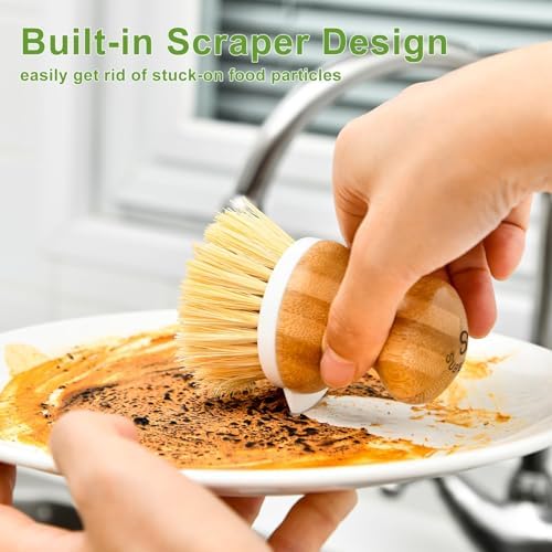 Bamboo Dish Brush,Sisal Brush with Scraper,1Pack with Ceramic Holder - Image 3