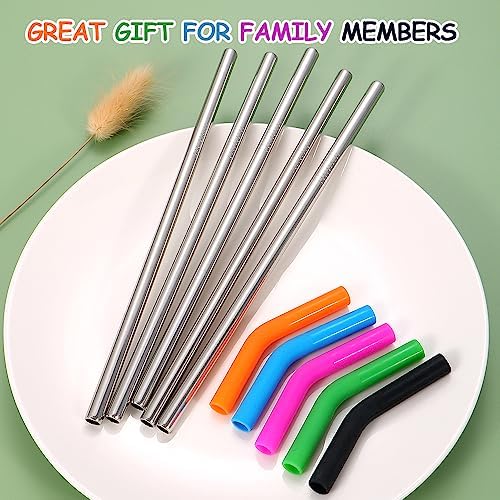 Lazycorner Reusable Stainless Steel Straws Metal Straw with Silicone Tip 5 Pcs 8mm Wide for 20/30/32oz Tumblers Smoothies and Shakes with 2 Cleaning Brushes,1 Portable Bag (Silver) - Image 6