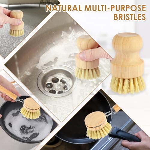 Dish Brush Set Soft Sisal Dish Scrub Brush with Handle Kitchen Scrub Brush Natural Kitchen Cleaning Brush Set Wood Dish Scrubber Brush Practical Dish Scrubber Wooden Cleaning Scrubber for Cle - Image 4