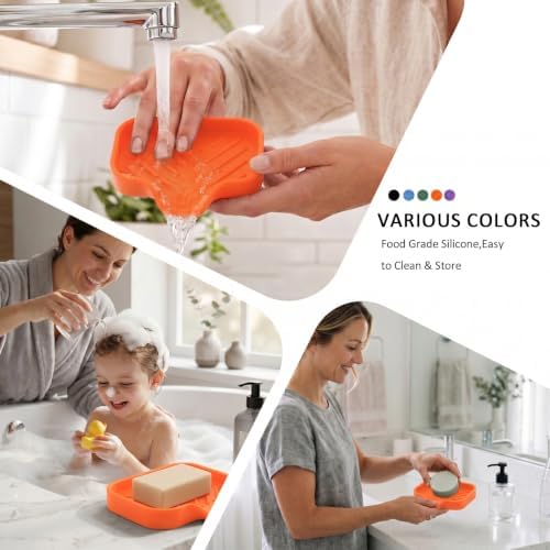 MicoYang Silicone Soap Dish with Drain Spout, Self-Draining Sink Organizer Tray for Bathroom and Kitchen, Sponges, Dispensers and Soap Holder, Non-Slip and Dishwasher Safe, Orange (Compact, 4.9"×3.2") - Image 4