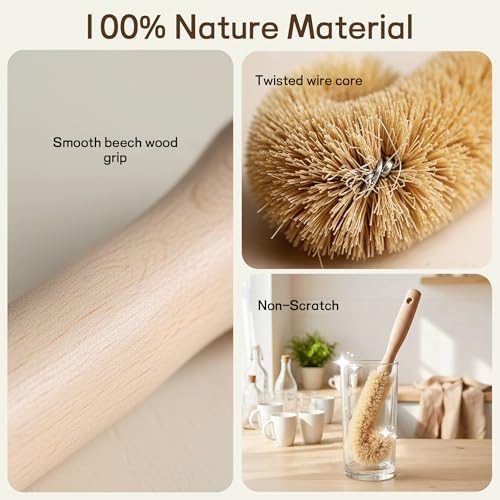 Bottle Brush Cleaner,Long Beech Wood Handle Non-Scratch,L-Shape for Cleaning Coffee Cups,Mason,Thermos,Glass Bottle,Beer Bottles,Wine Bottles,Baby Bottle-Natural Brown - Image 5