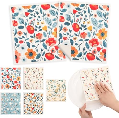 wlich 5 Pack Swedish Dishcloths, Reusable Kitchen Towels with Clips, Plant - Image 3