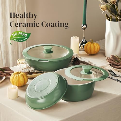 Redchef 16pcs Ceramic Pots and Pans Set Non Stick, Nonstick Ceramic Cookware Set with Detachable Handle, Non Toxic, PFAS PFOA & PTFE Free RV Cookware for Camping, Dishwasher/Oven Safe (Green) - Image 4