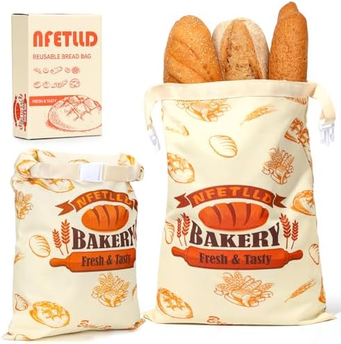 2 Packs Reusable Bread Bags for Homemade Bread, NFETLLD Homemade Sourdough Bags Storage Container Keep Loaf Fresh with Zipper & Clip Freezer Safe Extra Large 17x12 Inch by NFETLLD