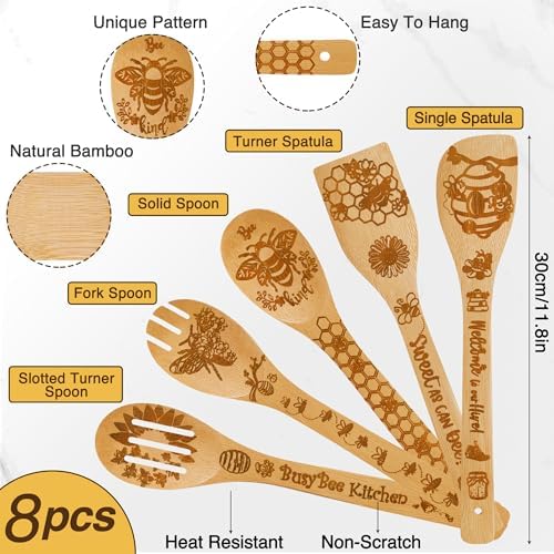 Bee Gifts for Women,8pcs Kitchen Utensils Set with Apron Oven Mitt Pot Holder - Unique Bee Bamboo Wooden Cooking Spoons Set,House Warming,Easter,Birthday - Image 3