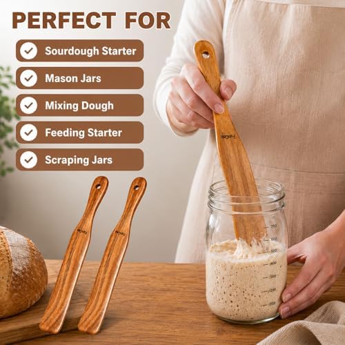 2 Pack Wooden Spurtle for Sourdough Starter, Mixing, Reaching Bottom of Jar, Dough Whisk, Long Handle Jar Spatula, Spurtles Kitchen Tools Teak Wood Kitchen Utensils kit for Baking, Cooking - Image 2