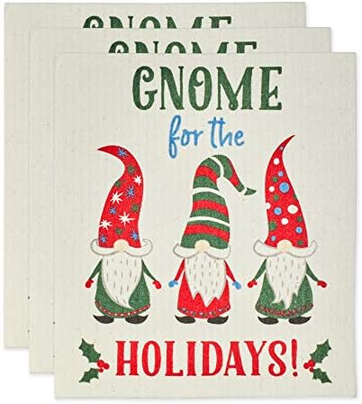 DII Swedish Dishcloths for Kitchen & Cleaning, Reusable, Machine Washable & Dishwasher Safe, Biodegradable, 7.75 x 6.75, Gnome Holidays, 3 Piece by DII