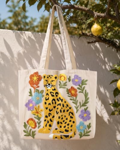 Floral Embroidery Canvas Tote Bag with Magnetic Closure for Daily - Image 3