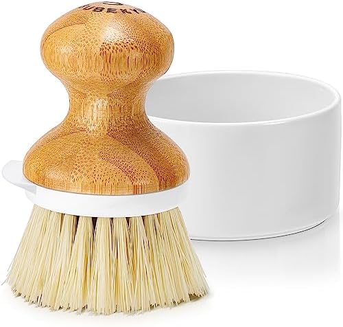 SUBEKYU Bamboo Dish Brush, Kitchen Dish Scrubber Brush with Soap Dispenser, Natural Wooden Dishwashing Brush for Cleaning Dishes/Pans/Pots, Built-in Scraper, Sisal Bristles,1 Set by SUBEKYU
