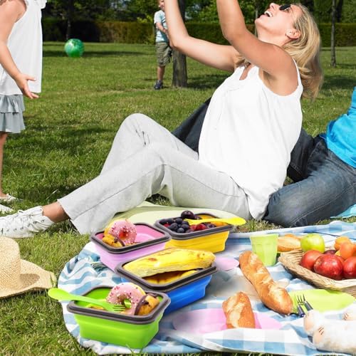 4 Pack Collapsible Silicone Bento Lunch Boxes With Lids Spoon Fork, 20.3oz, Meal Prep Food Storage Containers, Durable, Safe in Microwave, Dishwasher and Freezer, BPA Free - Image 3