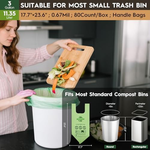 2.6-3 Gallon Compostable Trash Bags with Handles 80 Count 0.67 Mil 11.36 L Small Kitchen Wet Food Scrap Waste Compost Bag for Countertop Bin ASTM D6400 US BPI and OK Compost Home Certified - Image 2