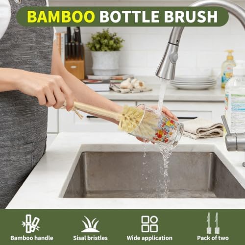 SAMEBUTECO Natural Bamboo Cup Cleaning Brush Set of 2 – 11.3 Inch Sisal Bristle Bottle Brush with Flat Head Design, Wooden Handle with Hanging Hole & Rope for Cups, Mugs, Glasses, Water Bottles - Image 2