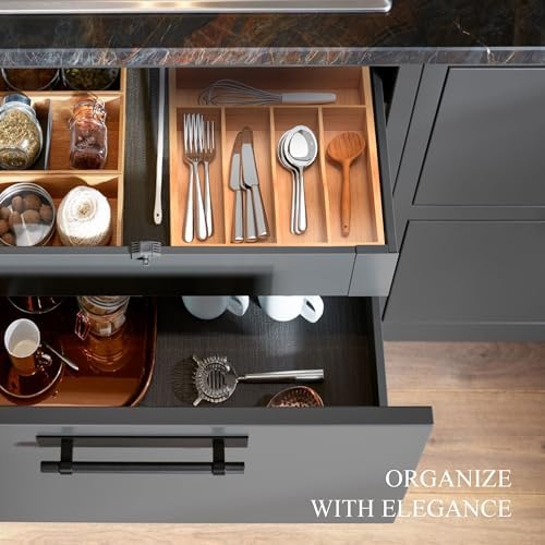 Bamboo Silverware Organizer, Kitchen Drawer Organizer, Utensil Holder, Cutlery Tray & Spoon Flatware Storage with Grooved Drawer Dividers (9.5''W x 13.5''D) - Image 5